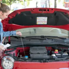 Junge Frau prüft mit einem Ölpeilstab den Motor eines roten Autos.