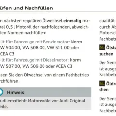Textauszug mit Informationen zu Motoröl-Normen und Viskositäten für Audi A3.