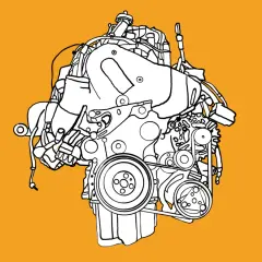 Stilisierte Zeichnung eines VW T6 Motors auf orangefarbenem Hintergrund.