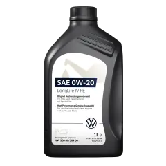 Schwarze Ölflasche mit weißem Etikett, SAE 0W-20 LongLife IV FE, VW-Logo.