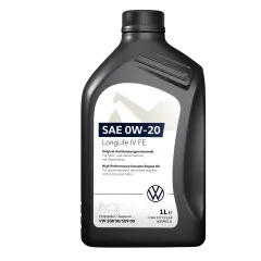 Schwarze Ölflasche mit SAE 0W-20 LongLife IV FE Aufschrift und VW-Logo.