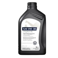 Schwarze Ölflasche mit weißem Etikett, SAE 0W-30 LongLife III FE, VW-Logo.