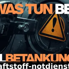 Tankklappe eines Autos mit Warnsymbol und Text "WAS TUN BEI FEHLBETANKUNGEN".