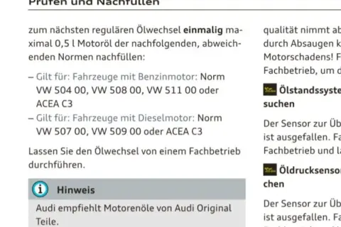 Textauszug mit Informationen zu Motoröl-Normen und Viskositäten für Audi A3.