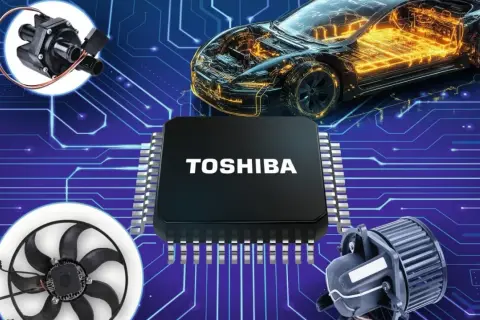 Ein Toshiba-Chip, ein Auto-Chassis, eine Wasserpumpe und ein Lüfter auf blauem Leiterplattenhintergrund.