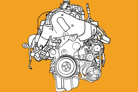 Stilisierte Zeichnung eines VW T6 Motors auf orangefarbenem Hintergrund.