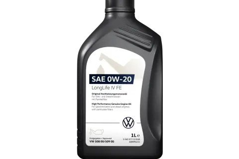 Schwarze Ölflasche mit weißem Etikett, SAE 0W-20 LongLife IV FE, VW-Logo.