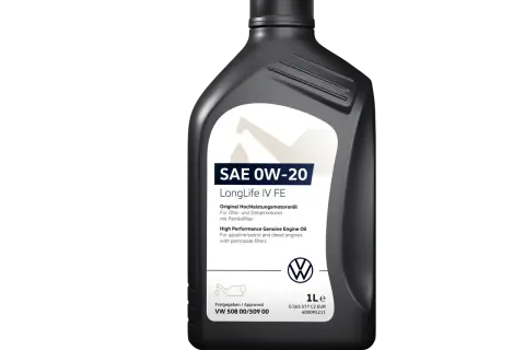 Schwarze Ölflasche mit SAE 0W-20 LongLife IV FE Aufschrift und VW-Logo.