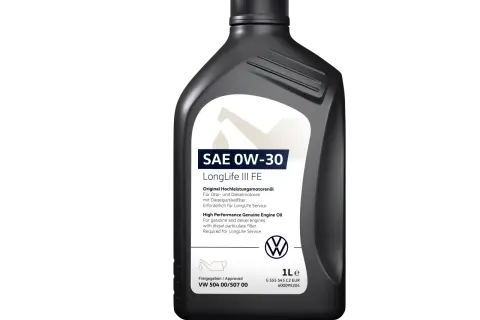 Schwarze Ölflasche mit weißem Etikett, SAE 0W-30 LongLife III FE, VW-Logo.