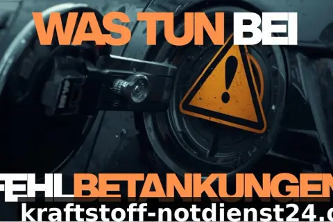 Tankklappe eines Autos mit Warnsymbol und Text "WAS TUN BEI FEHLBETANKUNGEN".