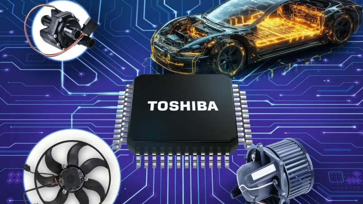 Ein Toshiba-Chip, ein Auto-Chassis, eine Wasserpumpe und ein Lüfter auf blauem Leiterplattenhintergrund.