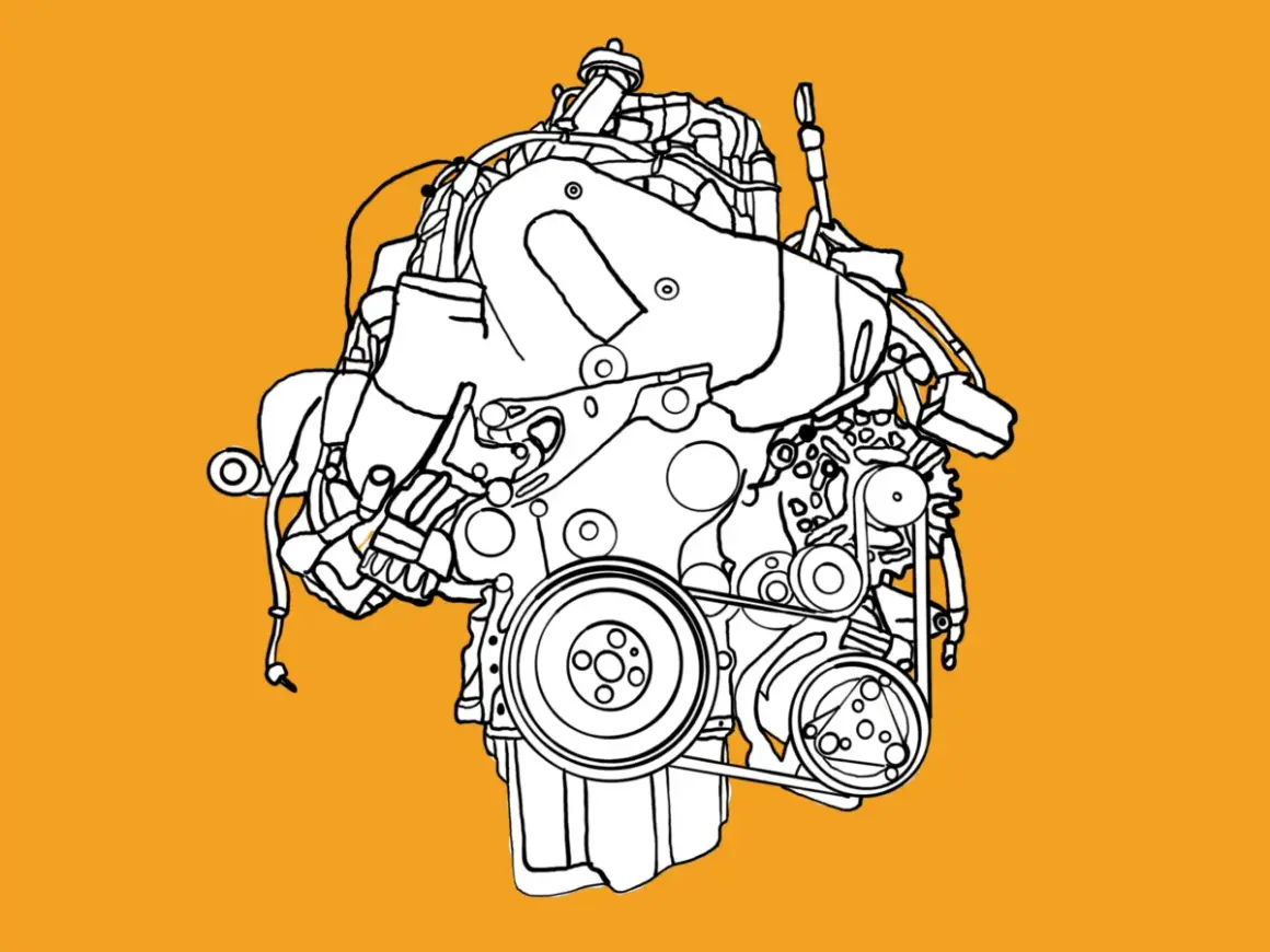 Stilisierte Zeichnung eines VW T6 Motors auf orangefarbenem Hintergrund.