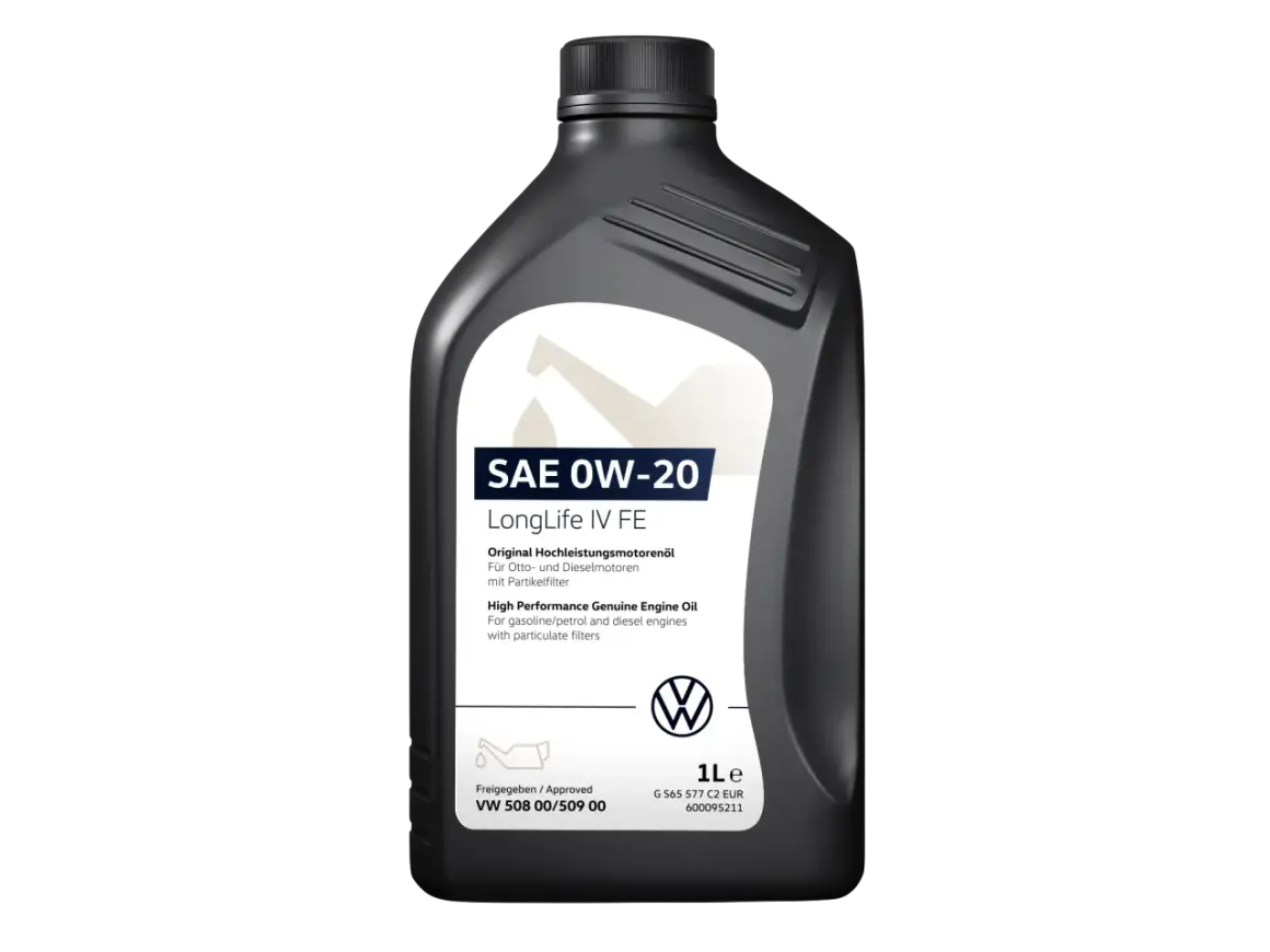 Schwarze Ölflasche mit weißem Etikett, SAE 0W-20 LongLife IV FE, VW-Logo.