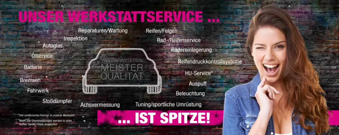 Lachende Frau vor Mauerwerk mit Werkstattservice-Angeboten und Auto-Silhouette.