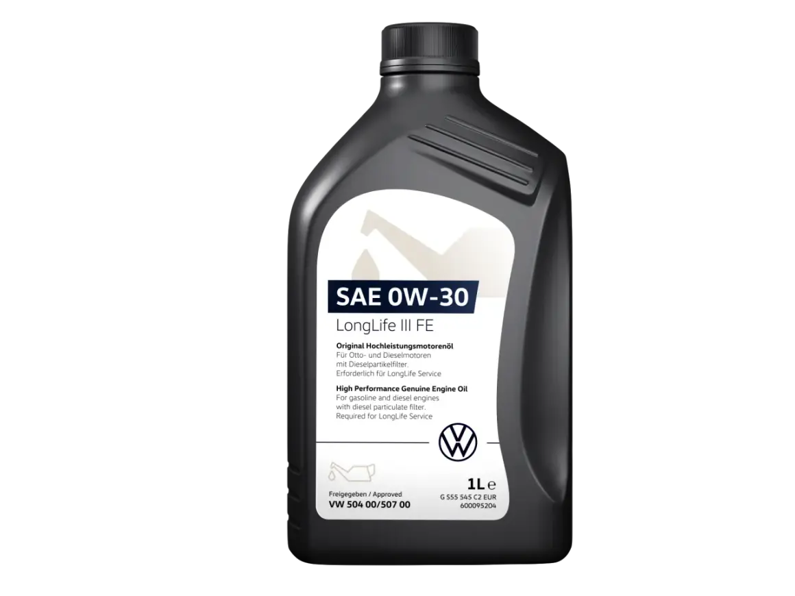 Schwarze Ölflasche mit weißem Etikett, SAE 0W-30 LongLife III FE, VW-Logo.