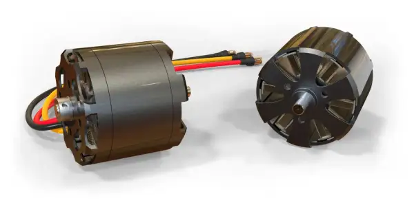 Zwei BLDC-Motoren mit Kabeln, auf weißem Hintergrund.