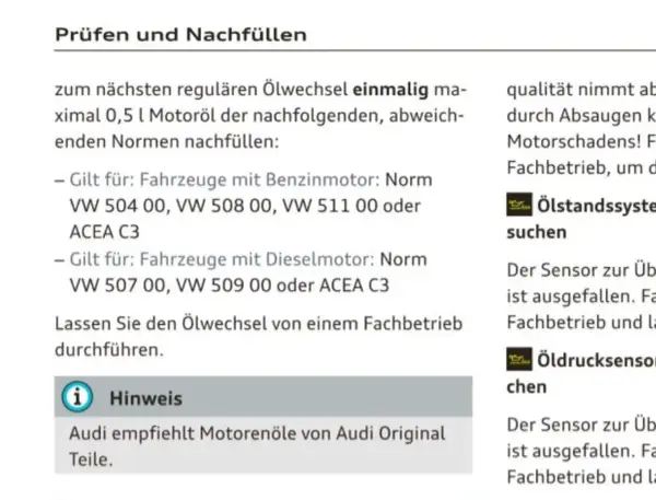Textauszug mit Informationen zu Motoröl-Normen und Viskositäten für Audi A3.