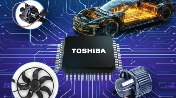 Ein Toshiba-Chip, ein Auto-Chassis, eine Wasserpumpe und ein Lüfter auf blauem Leiterplattenhintergrund.