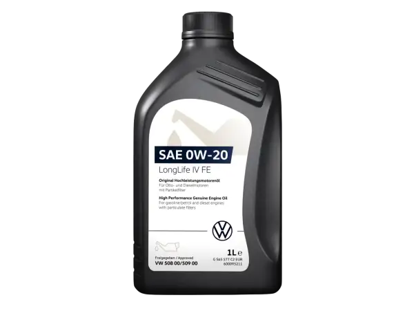 Schwarze Ölflasche mit weißem Etikett, SAE 0W-20 LongLife IV FE, VW-Logo.
