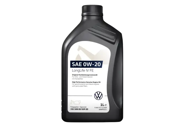 Schwarze Ölflasche mit SAE 0W-20 LongLife IV FE Aufschrift und VW-Logo.
