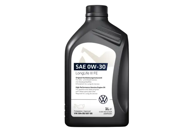 Schwarze Ölflasche mit weißem Etikett, SAE 0W-30 LongLife III FE, VW-Logo.