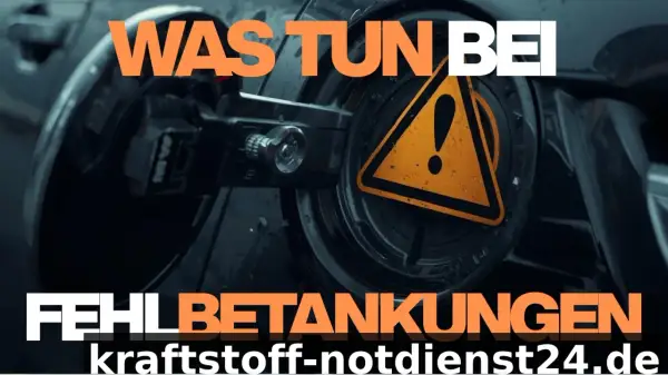 Tankklappe eines Autos mit Warnsymbol und Text "WAS TUN BEI FEHLBETANKUNGEN".